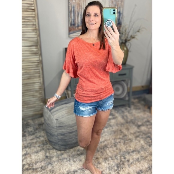 ❤️‍🔥Boat Neck Short Ruffle Bell Dolman Sleeve Top Coral 0922 - Picture 12 of 14